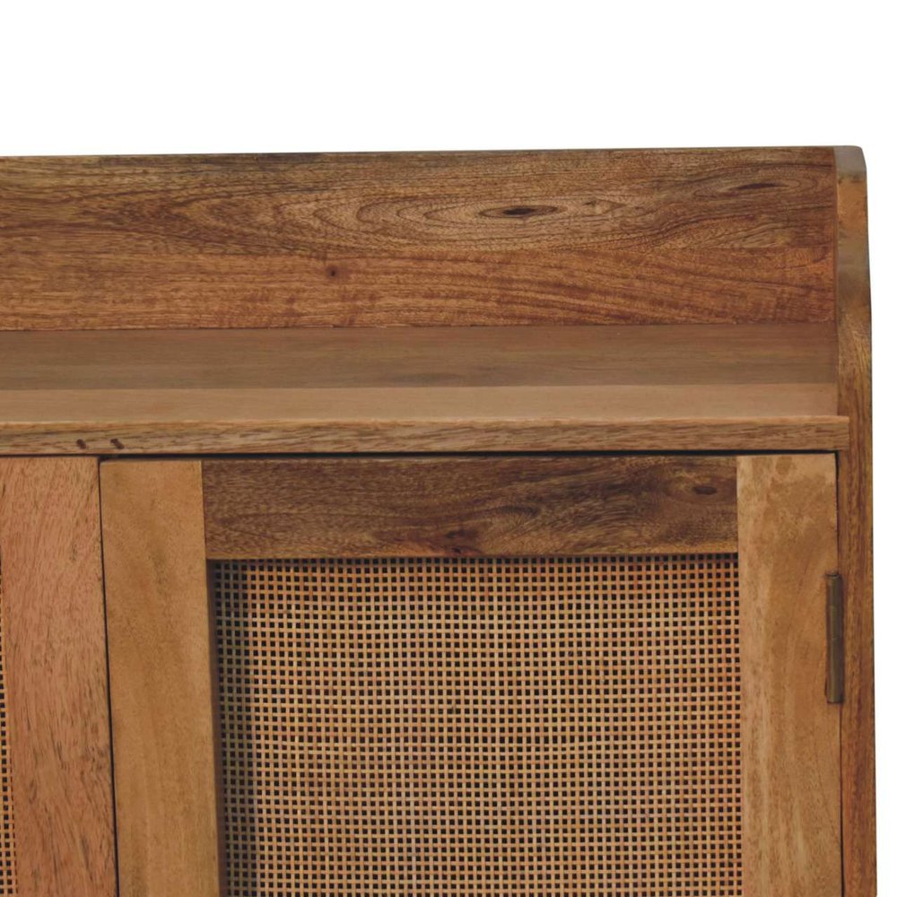 35" Brown Distressed Solid Wood Inlaid Rattan Accent Cabinet With Two Doors