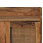 35" Brown Distressed Solid Wood Inlaid Rattan Accent Cabinet With Two Doors
