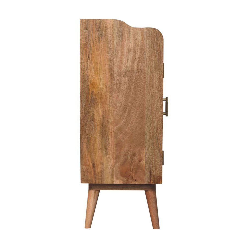 35" Brown Distressed Solid Wood Inlaid Rattan Accent Cabinet With Two Doors