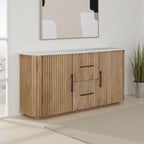63" Brown And White Solid Wood And Marble Ribbed Texture Sideboard with Two Doors