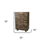 35" Brown Carved Geometric Solid Wood Five Drawer Dresser