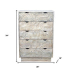 35" Gray Carved Abstract Solid Wood Five Drawer Dresser