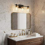 19" Black And Gold Metal and Glass Three Light Bath Bar Vanity Light