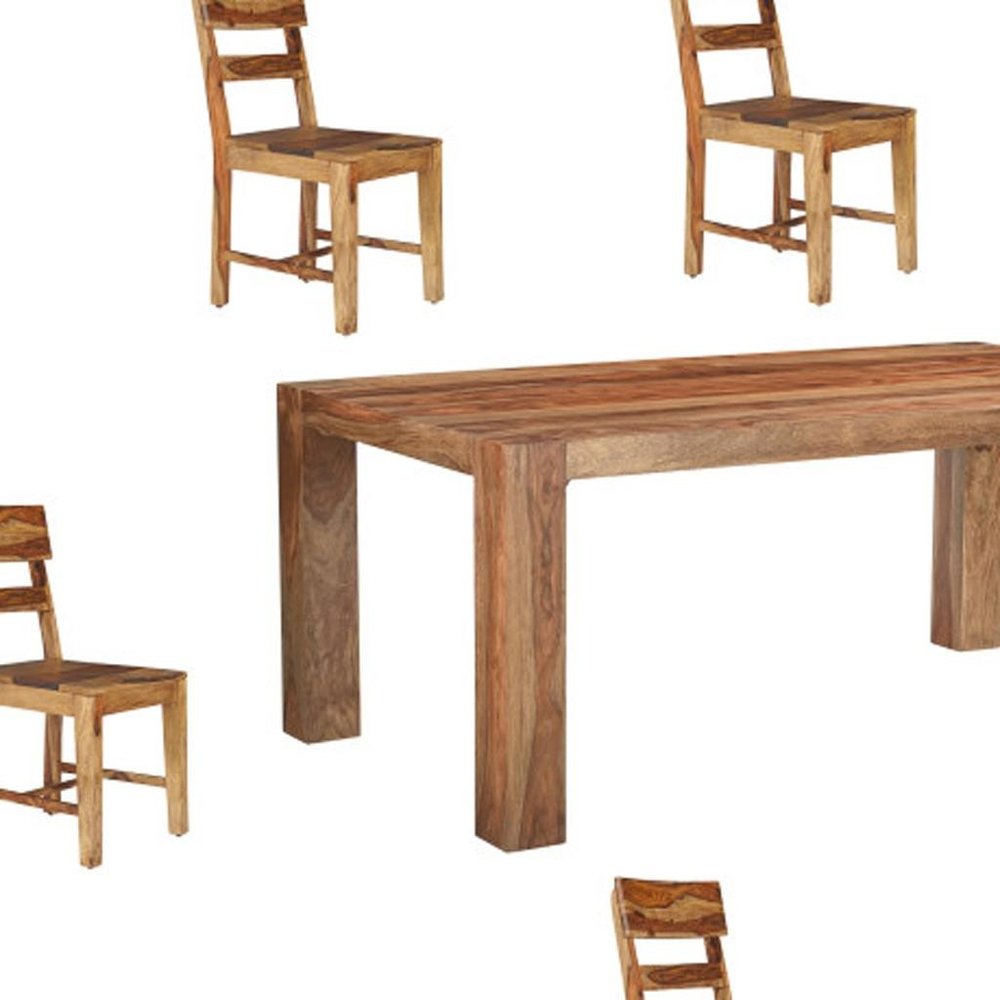 Seven Piece Brown Solid Wood Dining Set with Six Chairs and One Bench