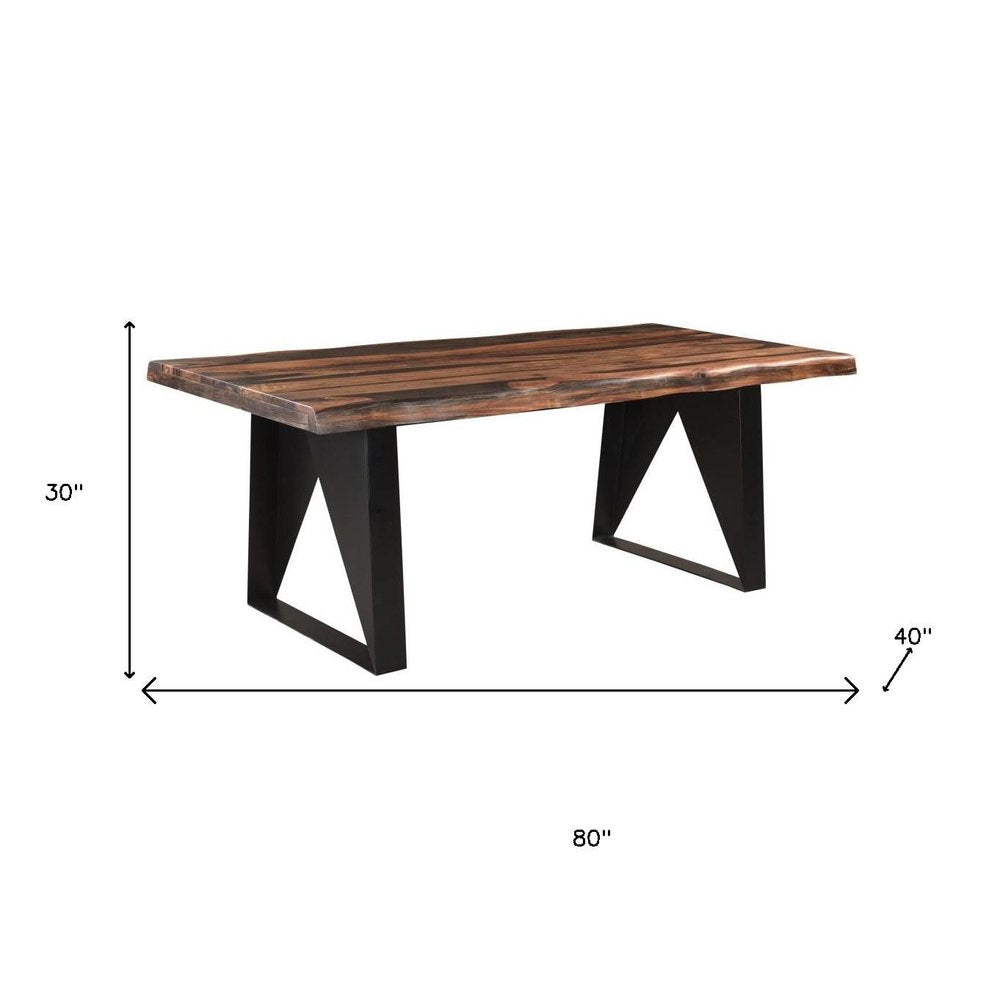 Seven Piece Brown and Black Solid Wood Dining Set with Six Chairs and One Bench