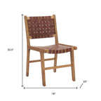 Set of Two Brown Solid Wood and Leather Dining Side Chairs