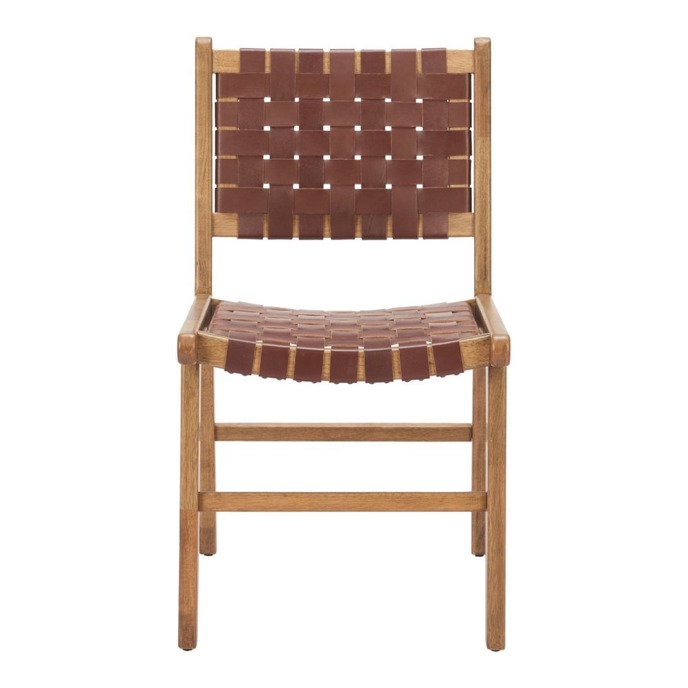 Set of Two Brown Solid Wood and Leather Dining Side Chairs