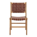 Set of Two Brown Solid Wood and Leather Dining Side Chairs