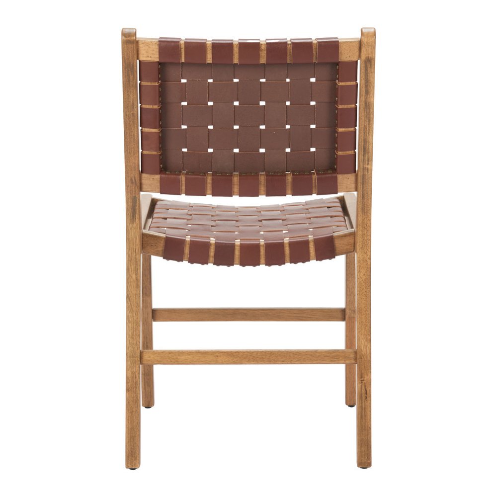 Set of Two Brown Solid Wood and Leather Dining Side Chairs