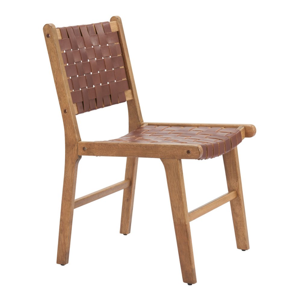 Set of Two Brown Solid Wood and Leather Dining Side Chairs