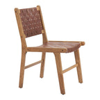 Set of Two Brown Solid Wood and Leather Dining Side Chairs