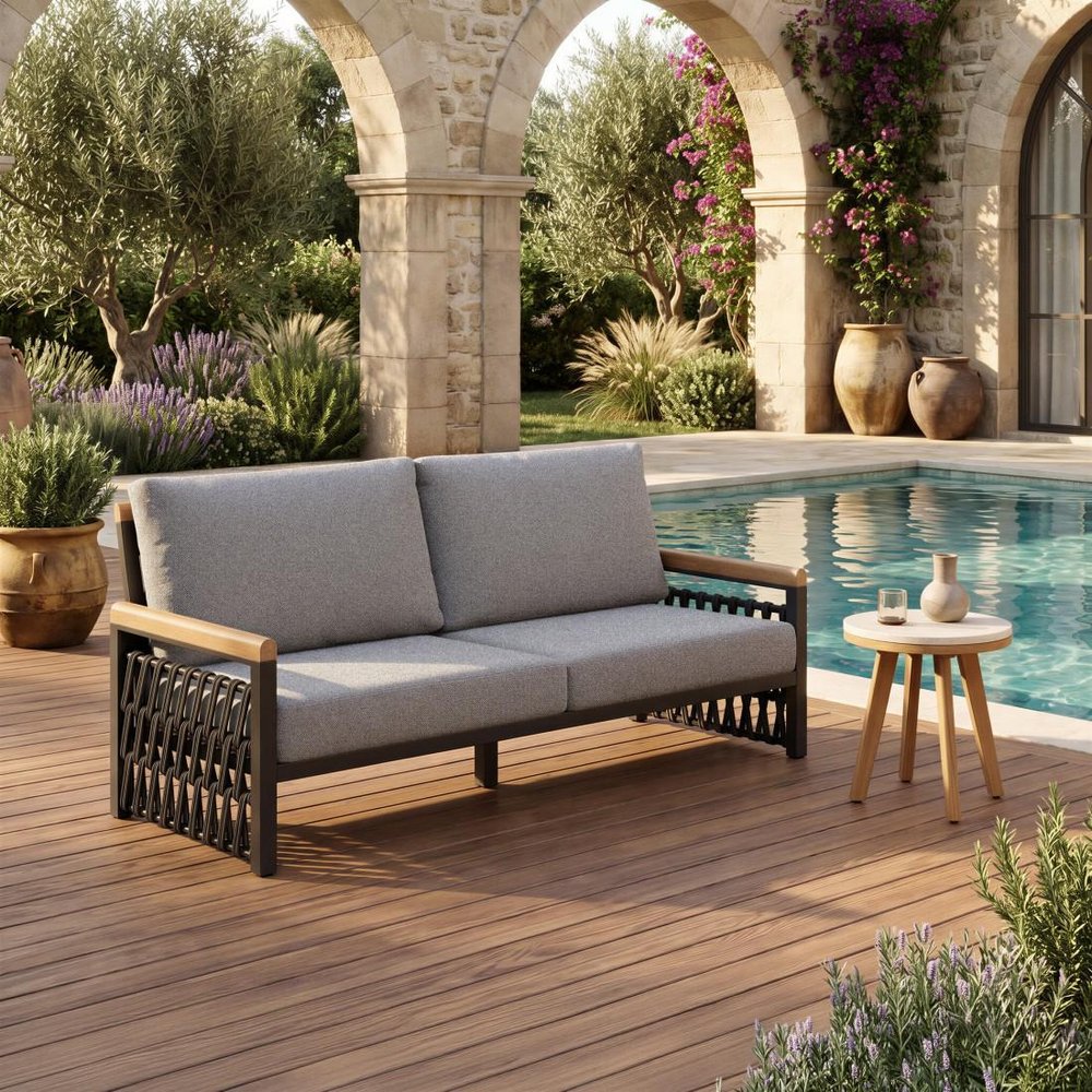 16" Beige and Natural Stone and Solid Wood Round Outdoor Side Table