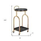 17" Black And Brass Steel and Solid Wood Distressed Round Rolling Bar Cart