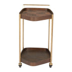 27" Walnut And Brass Wood and Steel Rolling Bar Cart
