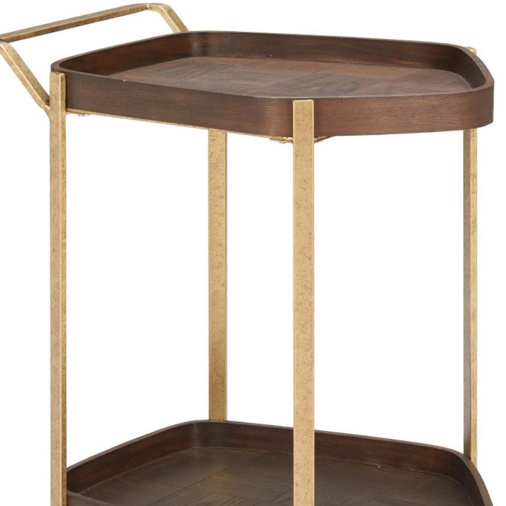 27" Walnut And Brass Wood and Steel Rolling Bar Cart