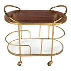 32" Brown Gold And White Iron Solid Wood and Marble Oval Rolling Bar Cart