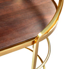 32" Brown Gold And White Iron Solid Wood and Marble Oval Rolling Bar Cart