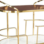 32" Brown Gold And White Iron Solid Wood and Marble Oval Rolling Bar Cart