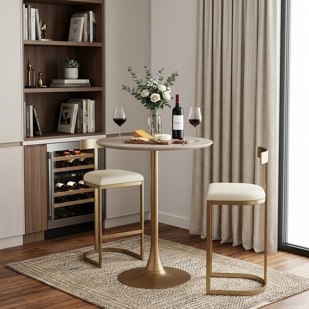 24" White and Gold Wood and Steel Rounded Bar Table