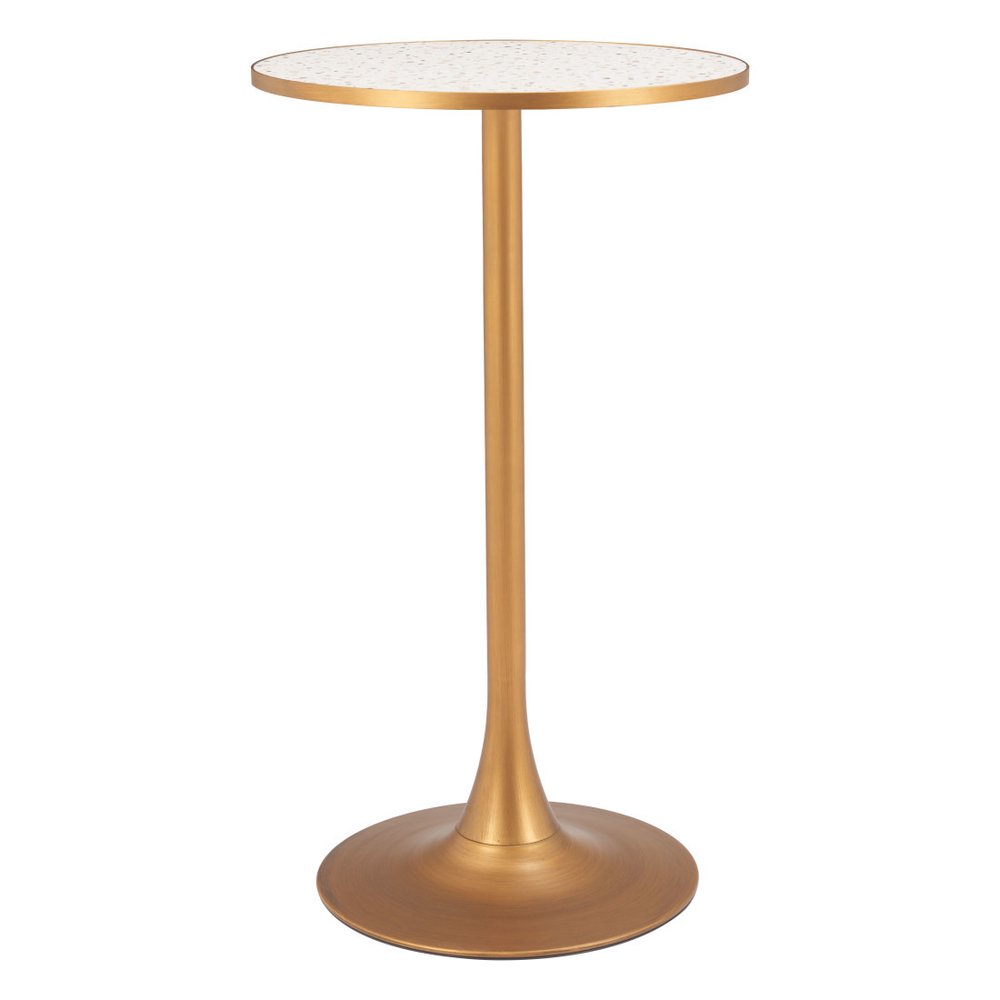 24" Beige and Gold Faux Terrazzo and Steel Rounded Bar Table