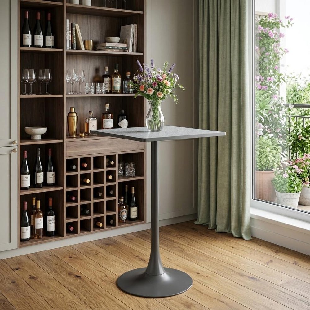 24" Gray and Black Faux Terrazzo and Steel Square Bar Table