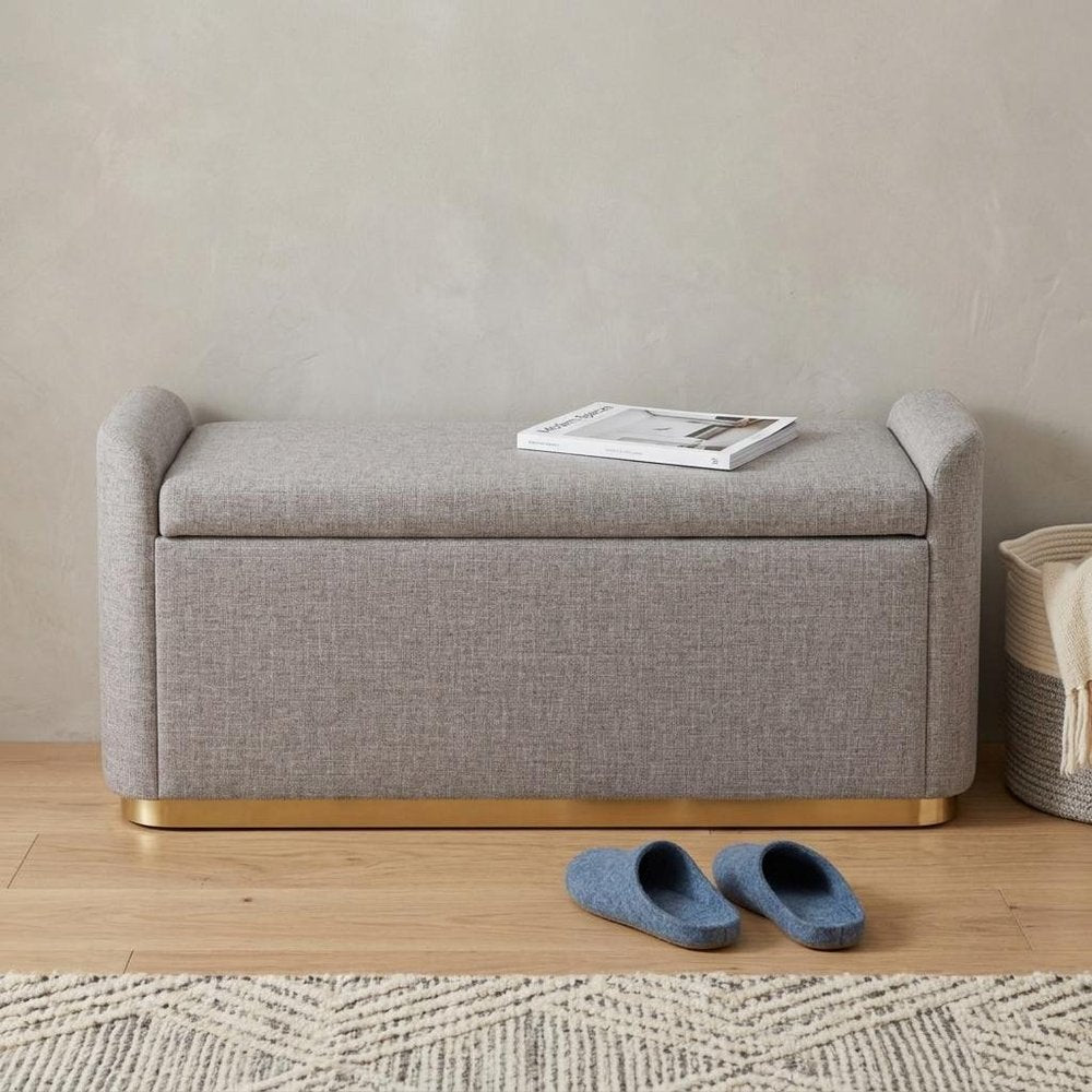 48" Gray and Gold Fabric Upholstered Storage Bench With Flip Top