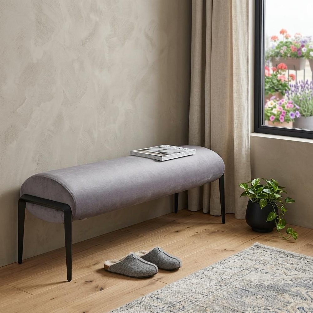 54" Gray and Black Velvet and Steel Upholstered Specialty Bench