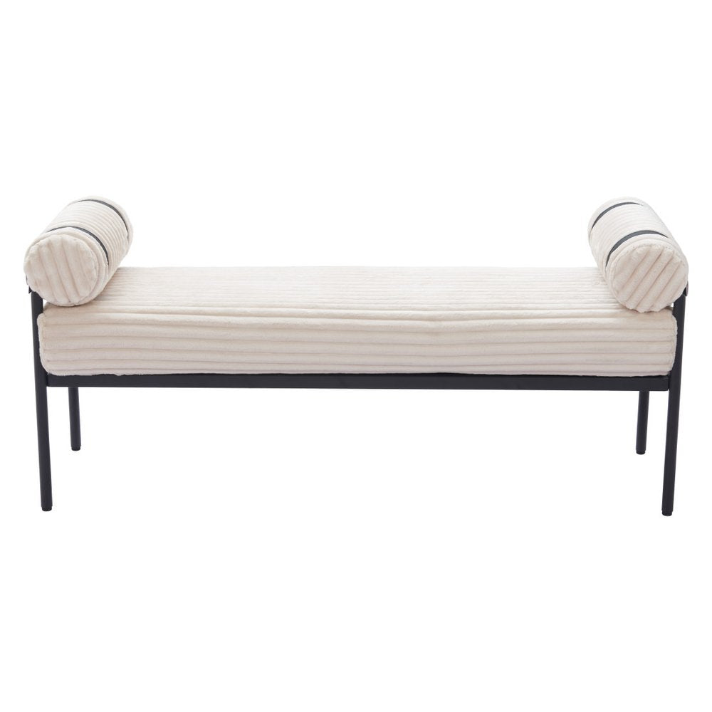 55" Cream and Black Corduroy and Steel Upholstered Bench
