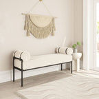 55" Cream and Black Corduroy and Steel Upholstered Bench