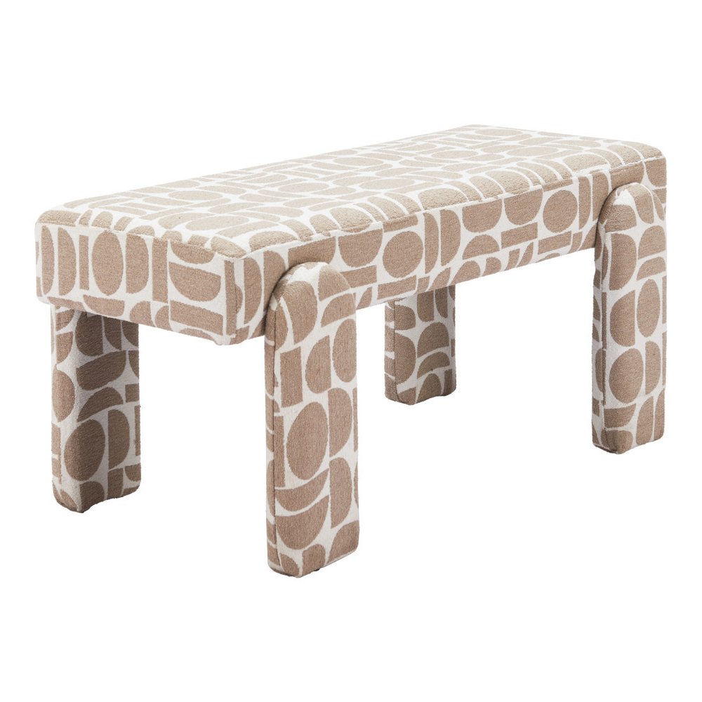 40" Beige and Brown Geometric Fabric Upholstered Dining Bench