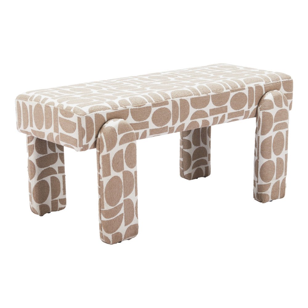 40" Beige and Brown Geometric Fabric Upholstered Dining Bench