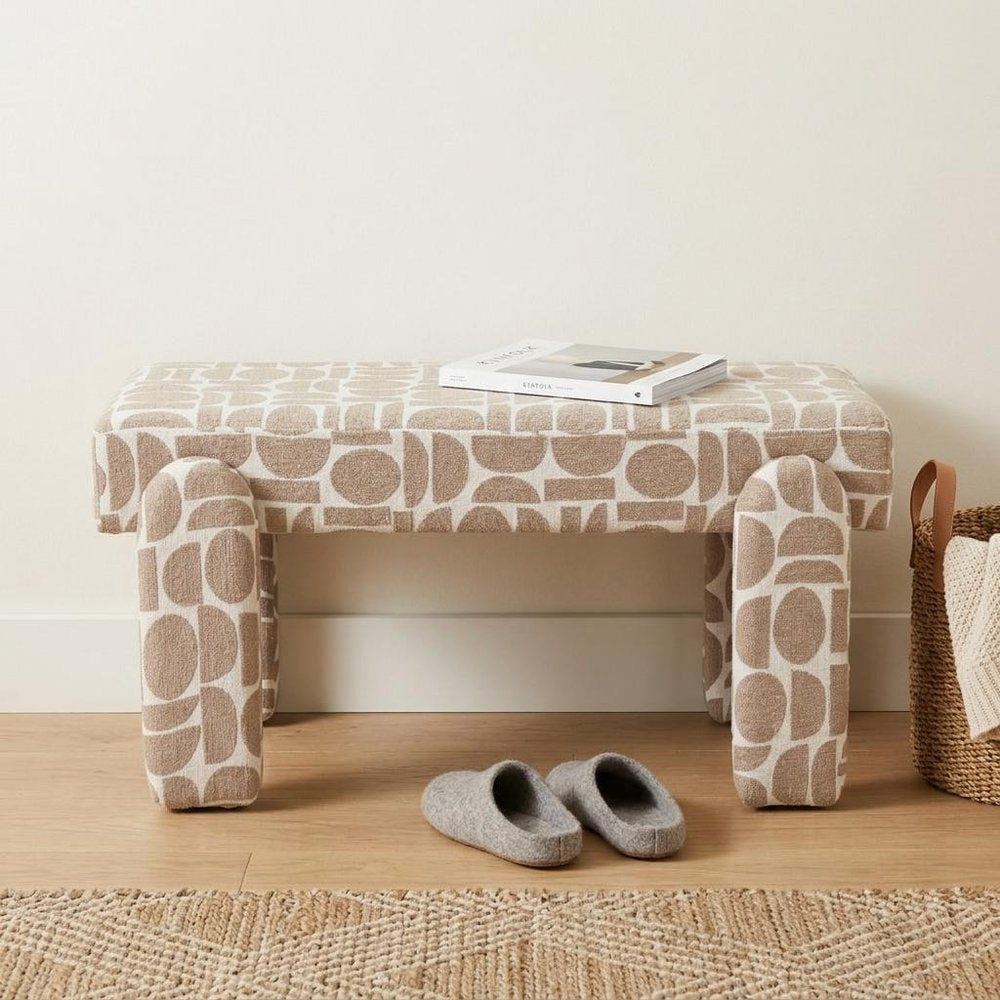 40" Beige and Brown Geometric Fabric Upholstered Dining Bench