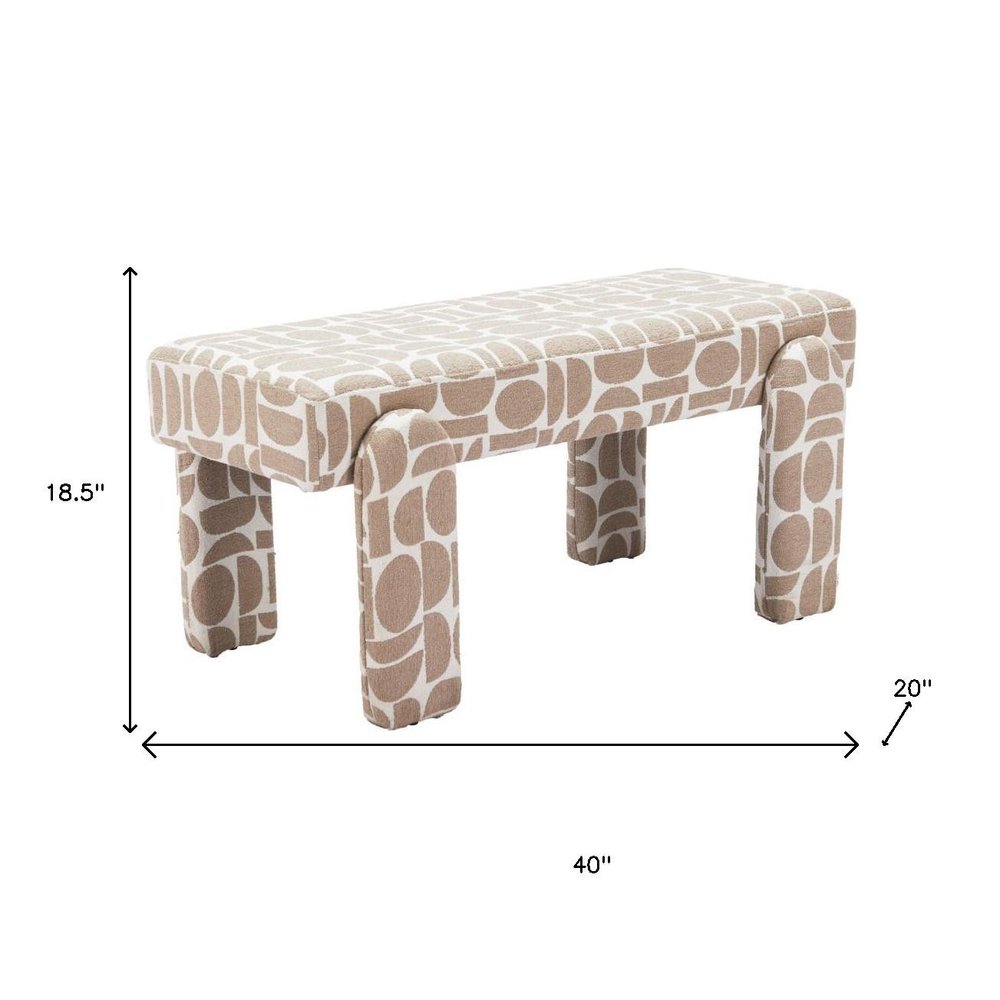 40" Beige and Brown Geometric Fabric Upholstered Dining Bench
