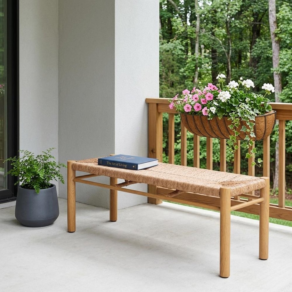 48" Natural Metal And Faux Rattan Garden Patio Bench