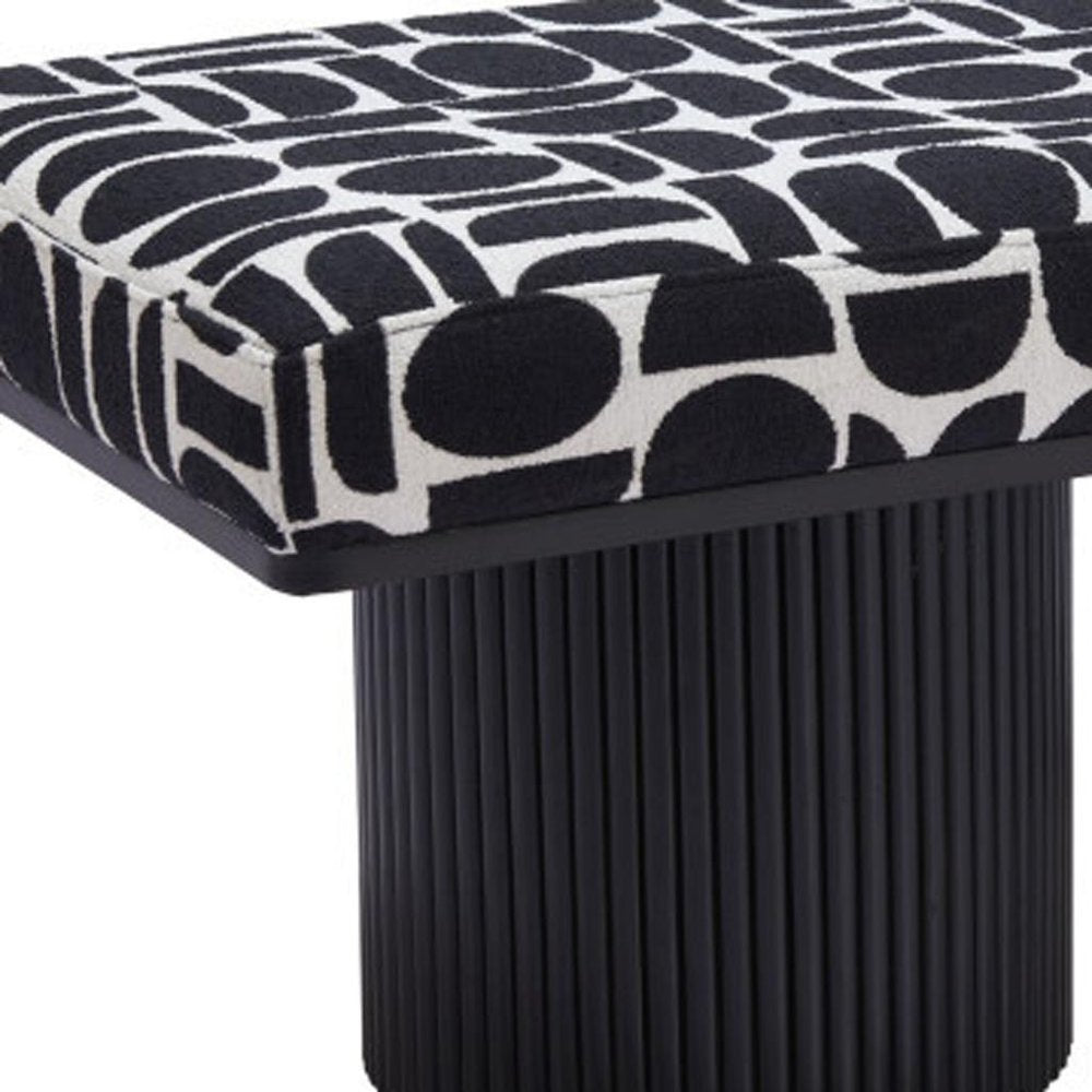 49" Black And White Geometric Fabric and Solid Wood Upholstered Bench