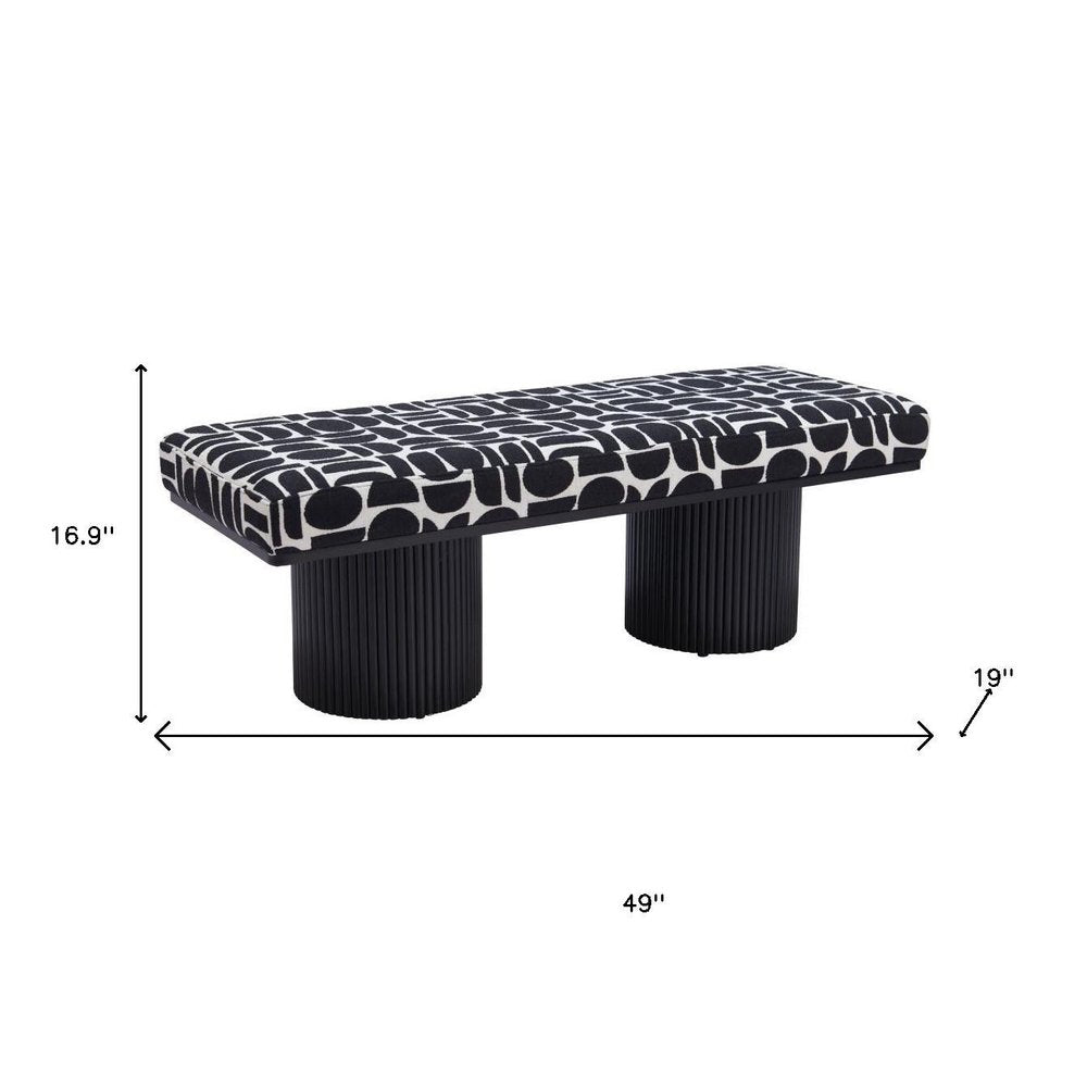 49" Black And White Geometric Fabric and Solid Wood Upholstered Bench