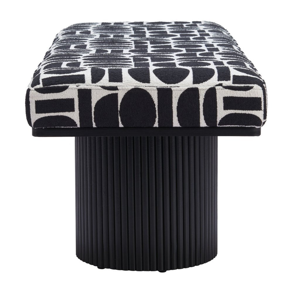 49" Black And White Geometric Fabric and Solid Wood Upholstered Bench