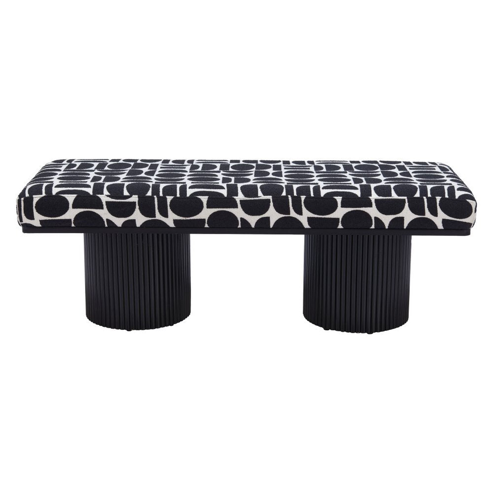 49" Black And White Geometric Fabric and Solid Wood Upholstered Bench