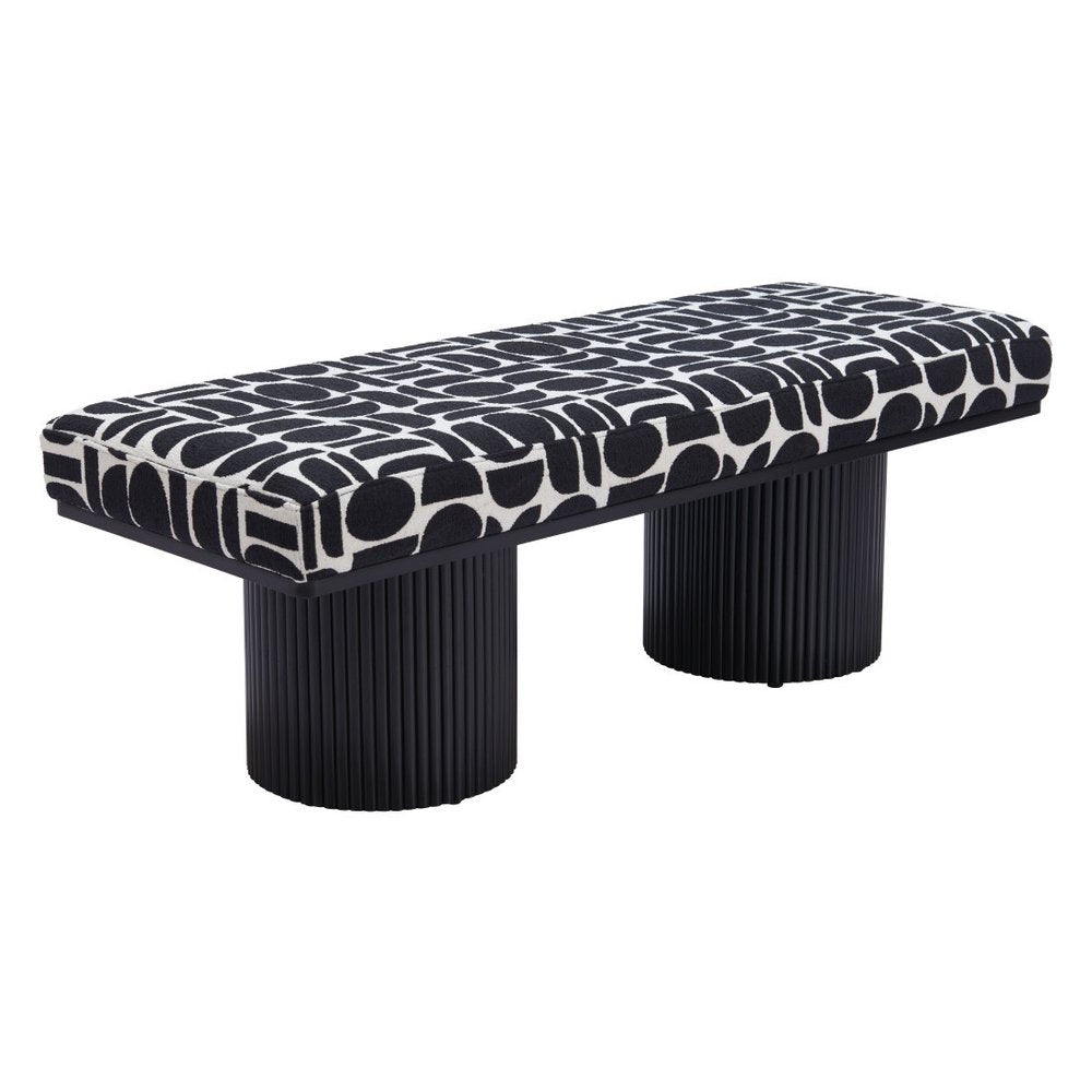 49" Black And White Geometric Fabric and Solid Wood Upholstered Bench