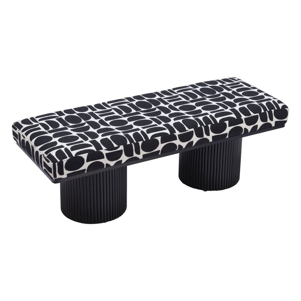 49" Black And White Geometric Fabric and Solid Wood Upholstered Bench
