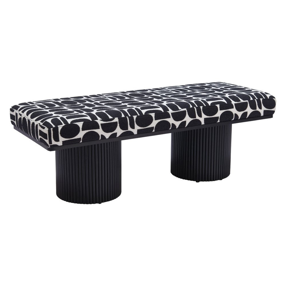49" Black And White Geometric Fabric and Solid Wood Upholstered Bench