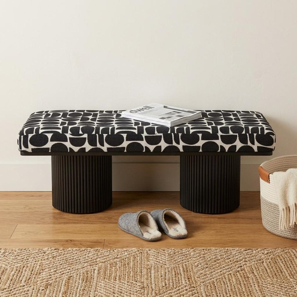 49" Black And White Geometric Fabric and Solid Wood Upholstered Bench