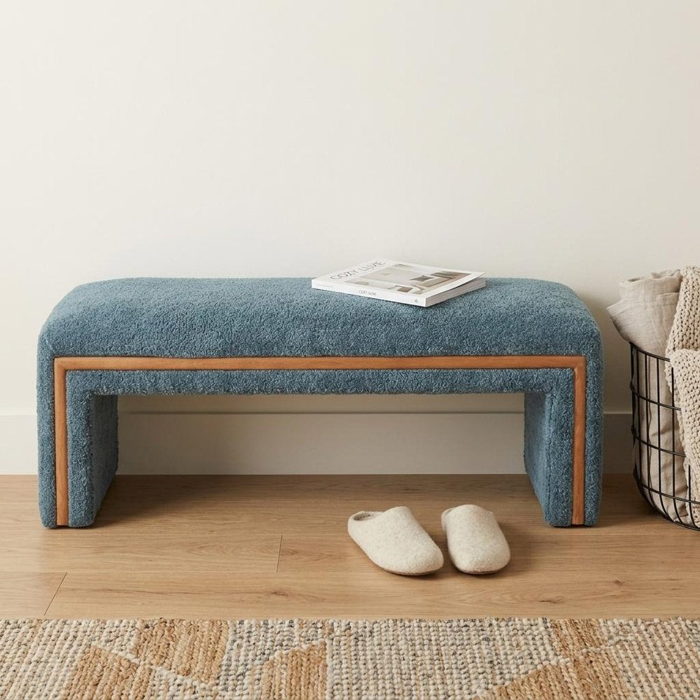 56" Blue and Brown Fabric and Solid Wood Upholstered Bench