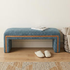 56" Blue and Brown Fabric and Solid Wood Upholstered Bench