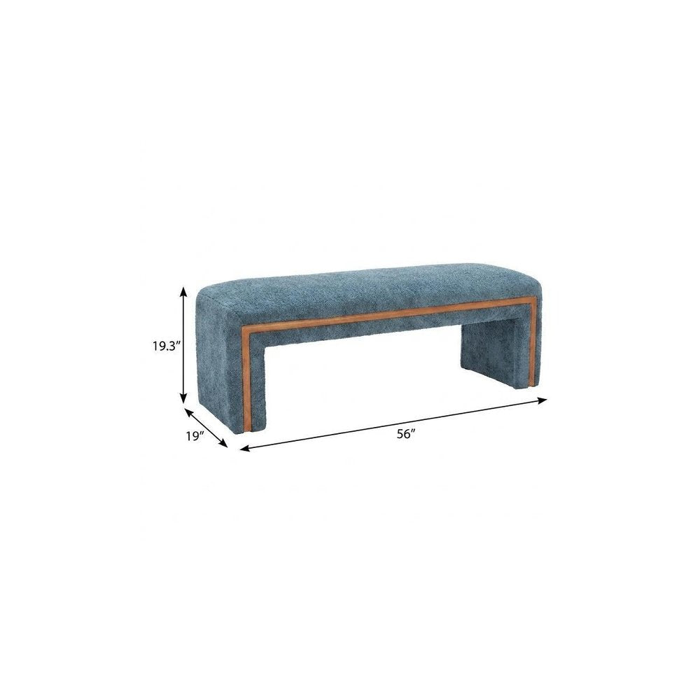 56" Blue and Brown Fabric and Solid Wood Upholstered Bench