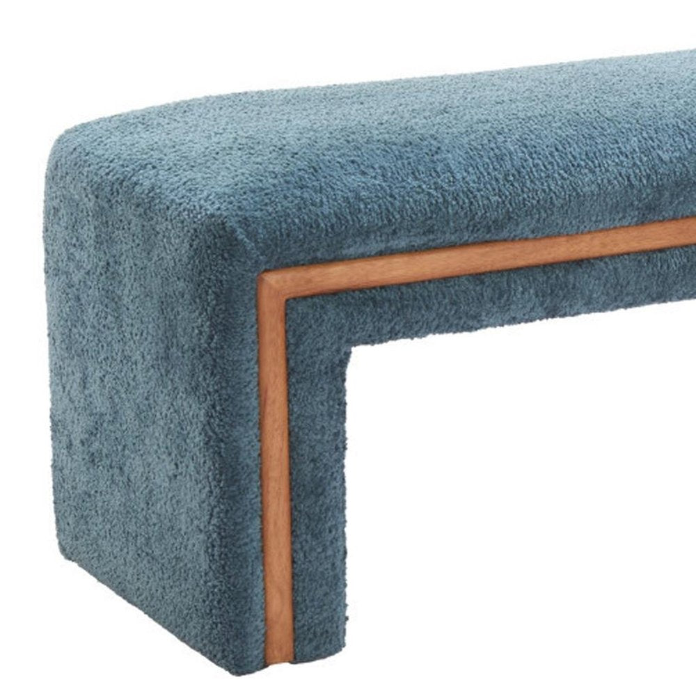 56" Blue and Brown Fabric and Solid Wood Upholstered Bench