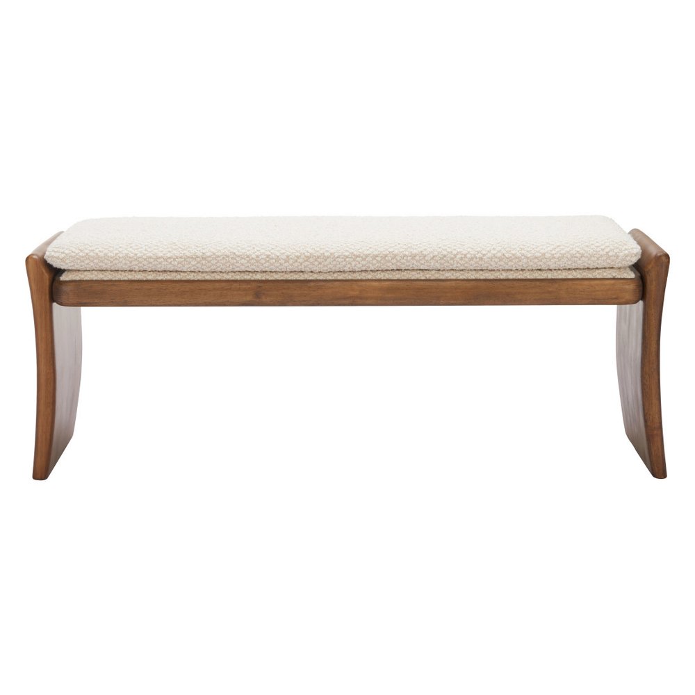 48" Beige and Brown Fabric and Solid Wood Upholstered Dining Bench