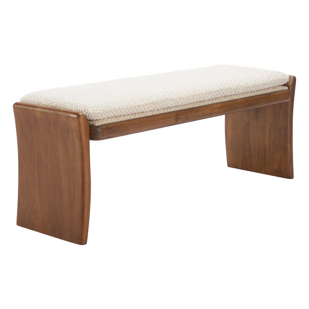 48" Beige and Brown Fabric and Solid Wood Upholstered Dining Bench