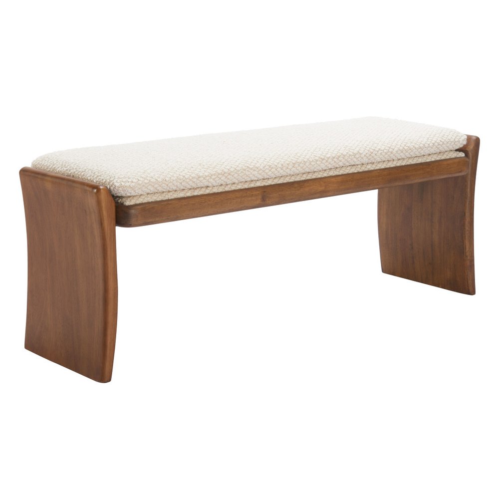 48" Beige and Brown Fabric and Solid Wood Upholstered Dining Bench