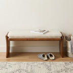 48" Beige and Brown Fabric and Solid Wood Upholstered Dining Bench